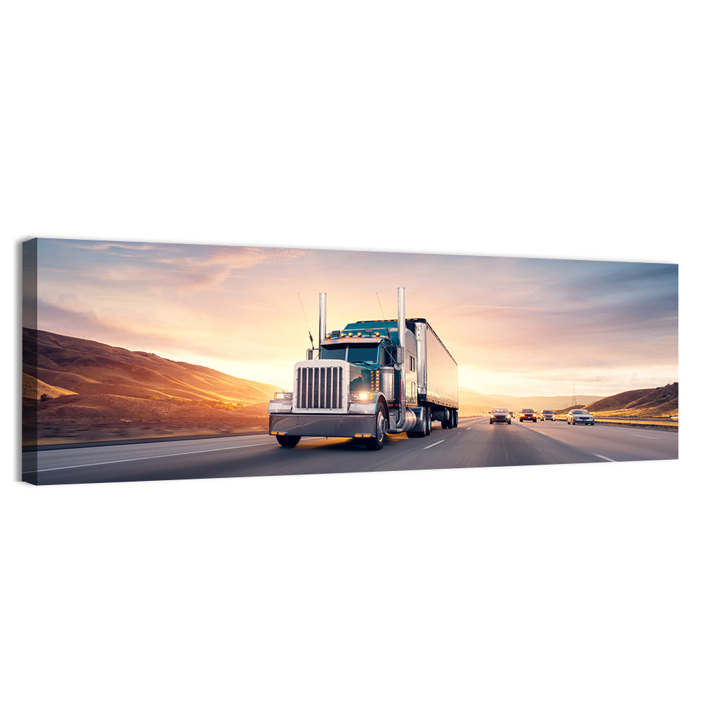 Semi Truck Highway Sunset Wall Art