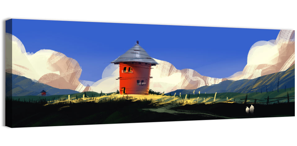 Red Tower in Meadow Wall Art, canvas print, panoramic