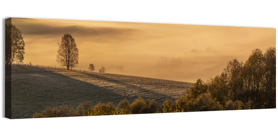 Misty Valley Morning Light Wall Art, canvas print, panoramic