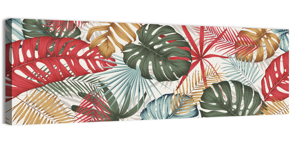 Red and Green Tropical Leaves Pattern Wall Art, canvas print, panoramic