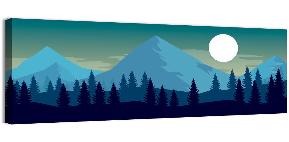 Moonlit Snowy Mountain Forest Wall Art, canvas print, panoramic