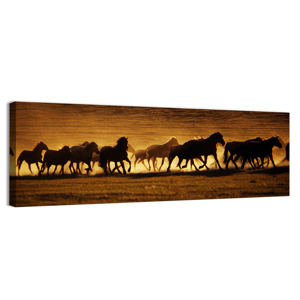 Running Wild Horses at Sunset Wall Art, canvas print, panoramic