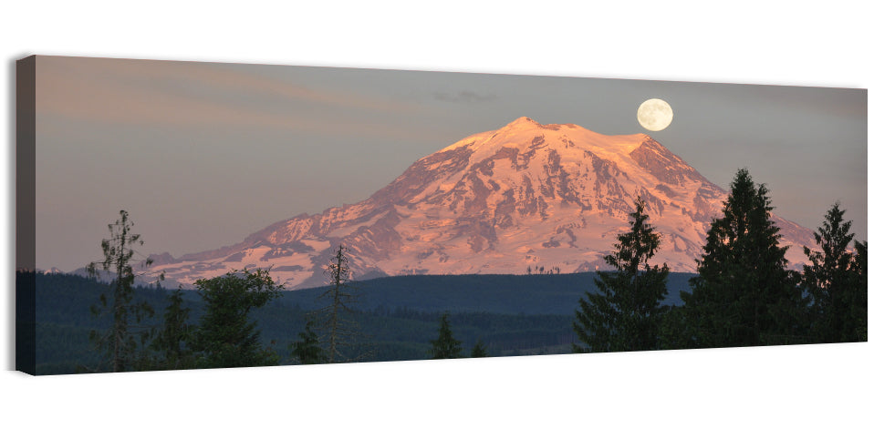Mount Rainier Alpenglow with Full Moon Wall Art