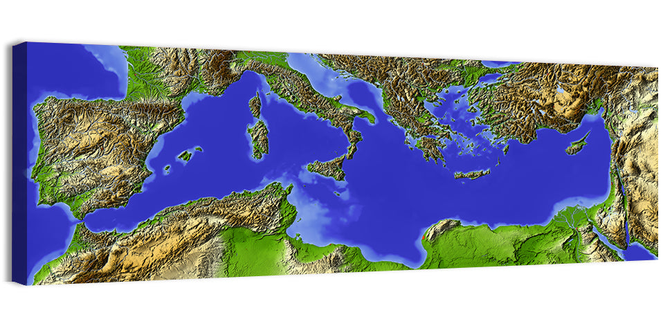 Mediterranean Sea Shaded Relief Map Wall Art, canvas print, panoramic