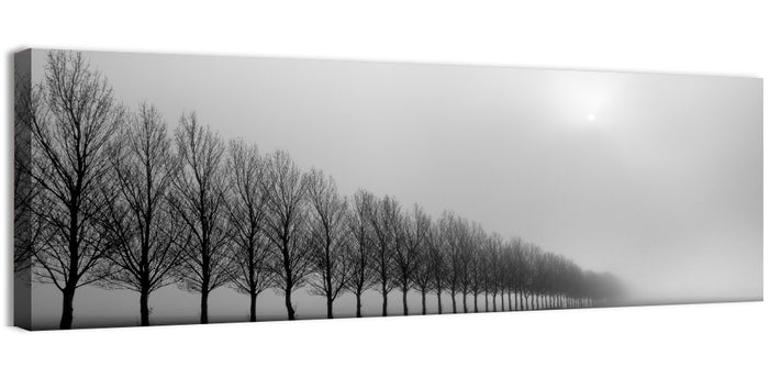 Misty Row of Bare Trees Wall Art as a canvas print