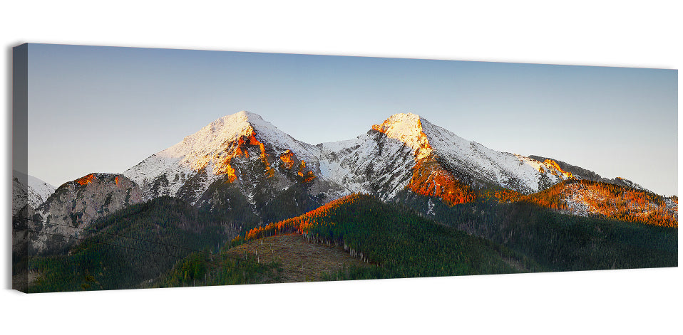 Sunlit Snow Capped Peaks Wall Art, canvas print, panoramic