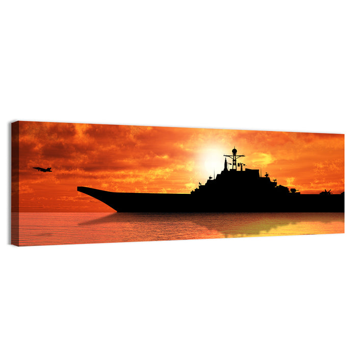 Sunset Aircraft Carrier Silhouette Wall Art as a canvas print