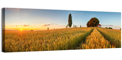 Sunset Wheat Field with Red Roof Cottage Wall Art