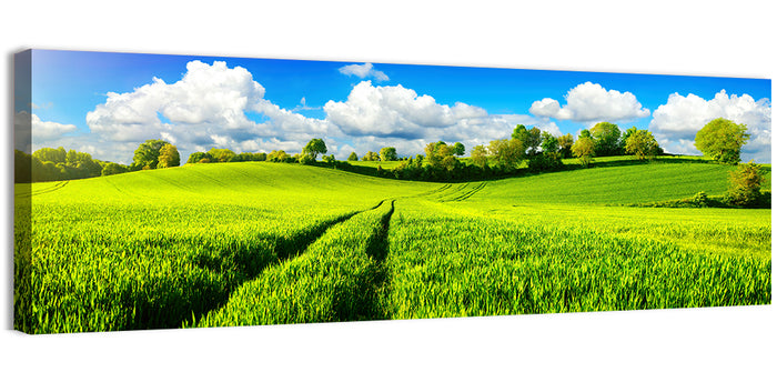 Tractor Tracks Through Green Rolling Hills Wall Art as a canvas print
