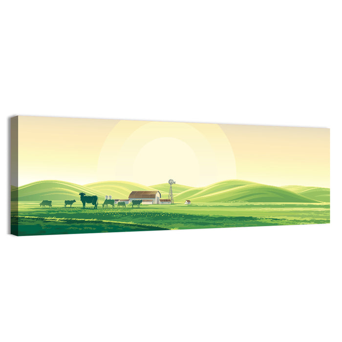 Pastoral Farm Landscape Illustration Wall Art as a canvas print