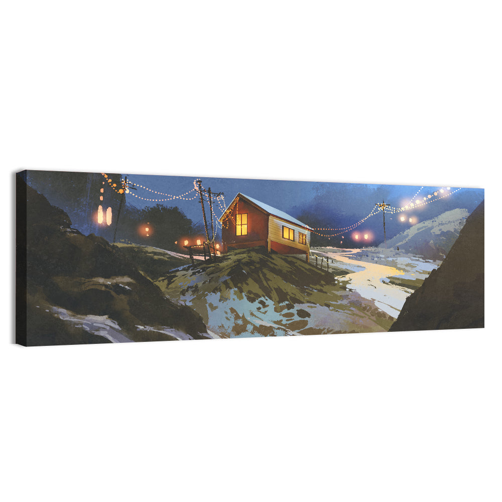 Wooden Cabin in Snowy Mountains Wall Art