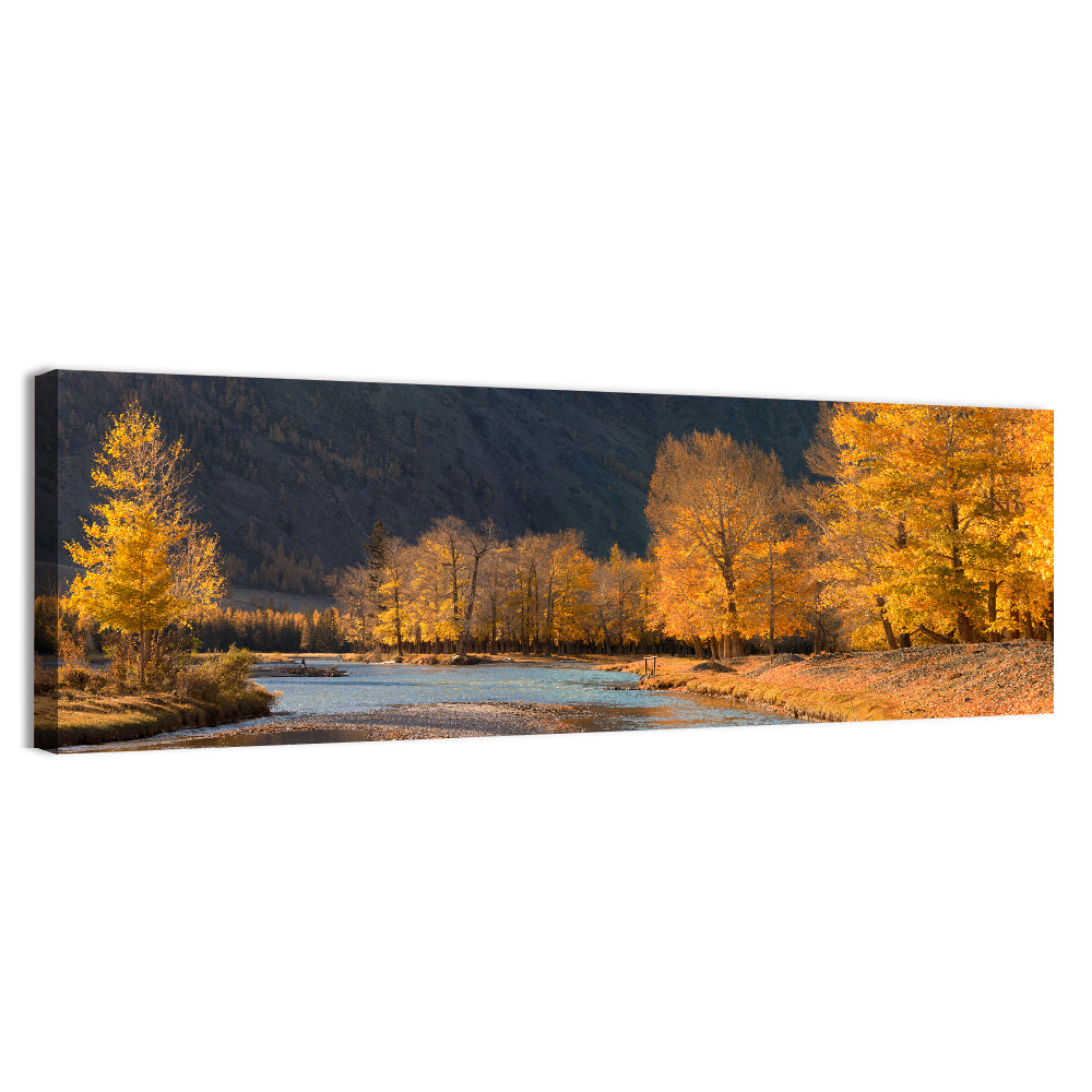 Autumn River Through Golden Forest Wall Art, canvas print, panoramic