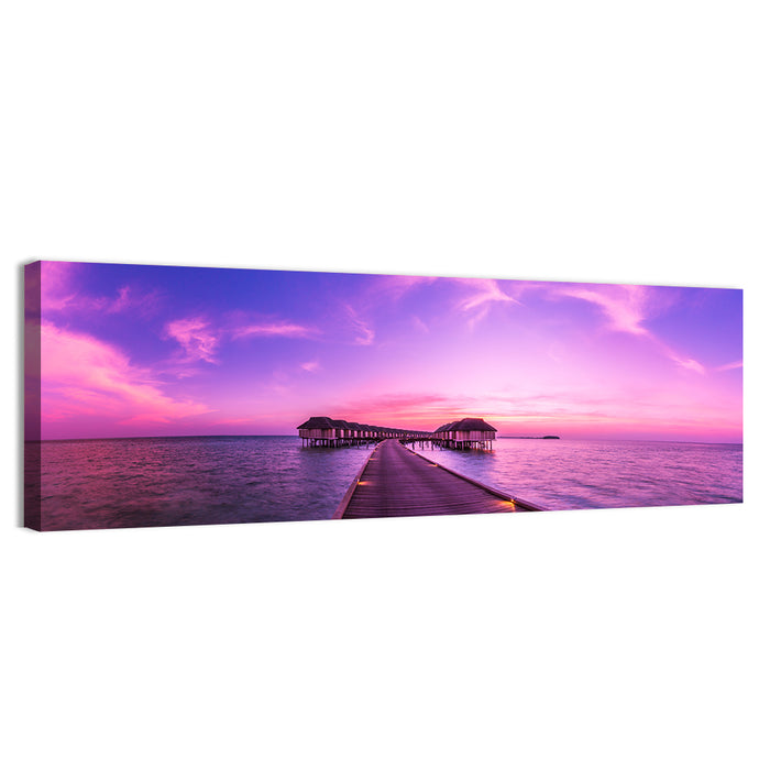 Sunset Pier Overwater Bungalows Wall Art as a canvas print
