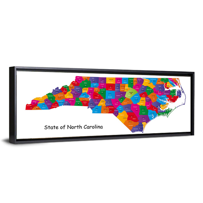 Colorful North Carolina Map Wall Art as a framed canvas