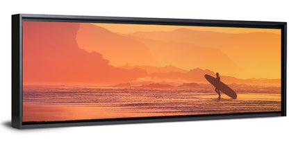 Surfer Silhouette at Golden Sunset Wall Art