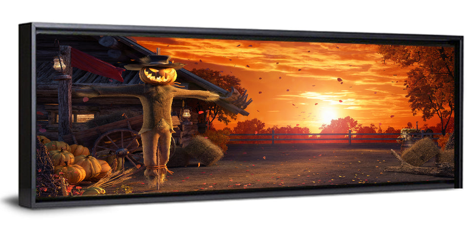 Glowing Pumpkin Scarecrow at Dusk Wall Art