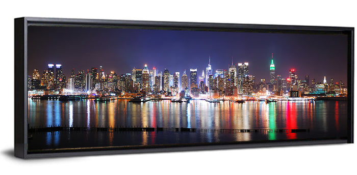 New York Skyline Mirror Reflection at Night Wall Art as a framed canvas