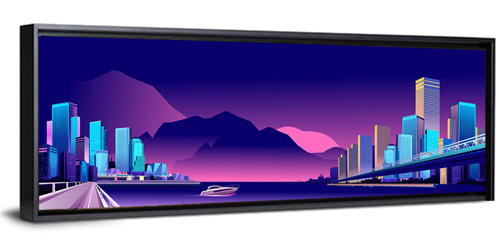 Purple Harbor Skyline Wall Art as a framed canvas
