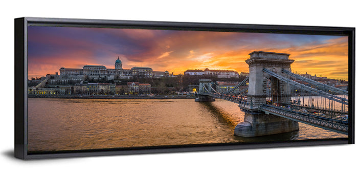 Budapest Chain Bridge at Golden Dusk Wall Art as a framed canvas