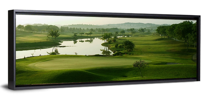 Golden Hour Putting Green by the Lake Wall Art as a framed canvas