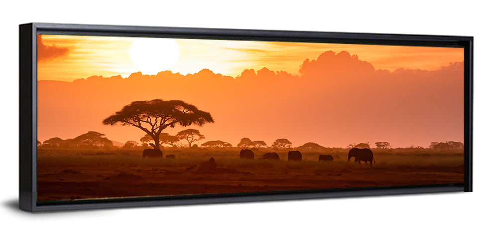 African Elephant Herd at Sunset Wall Art