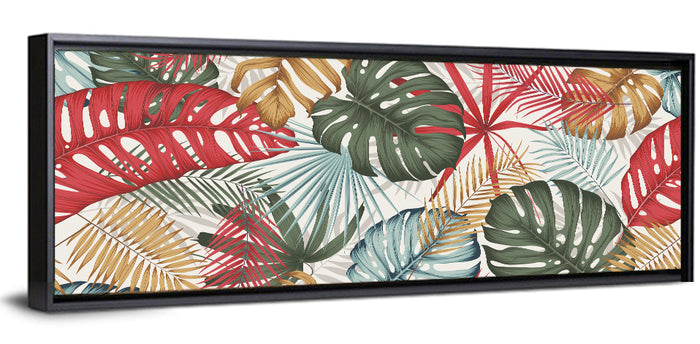 Red and Green Tropical Leaves Pattern Wall Art as a framed canvas