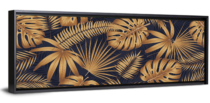 Golden Tropical Leaves Wall Art as a framed canvas