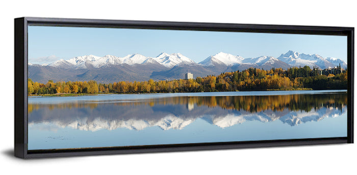 Anchorage Autumn Reflection and Chugach Mountains Wall Art as a framed canvas