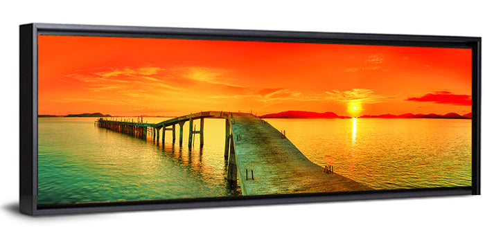 Sea Pier Sunset Wall Art as a framed canvas