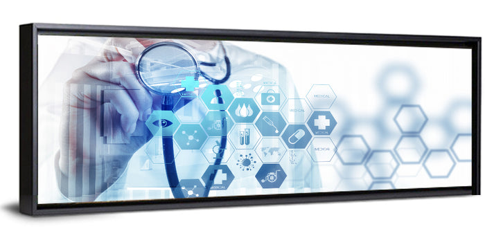 Stethoscope Checkup with Medical Icons Wall Art as a framed canvas