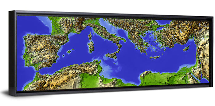 Mediterranean Sea Shaded Relief Map Wall Art as a framed canvas