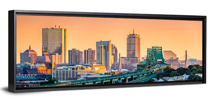 Tobin Bridge to Boston Skyline at Golden Hour Wall Art as a framed canvas