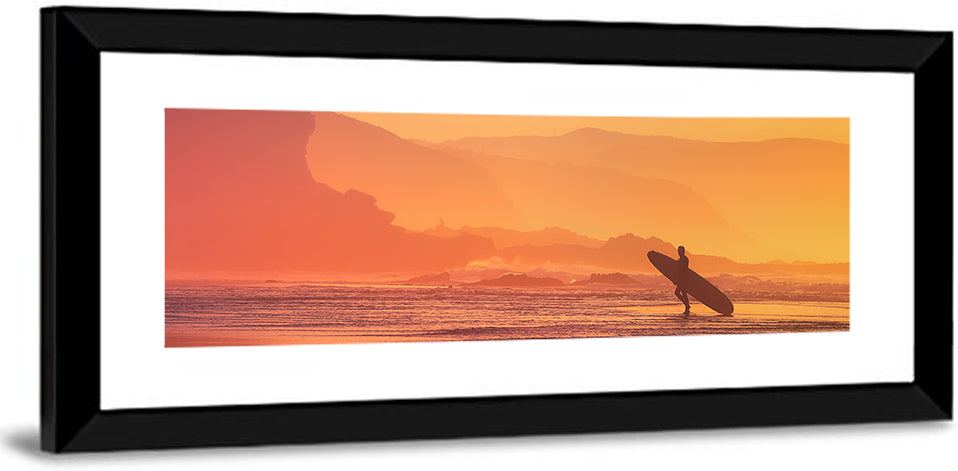 Surfer Silhouette at Golden Sunset Wall Art