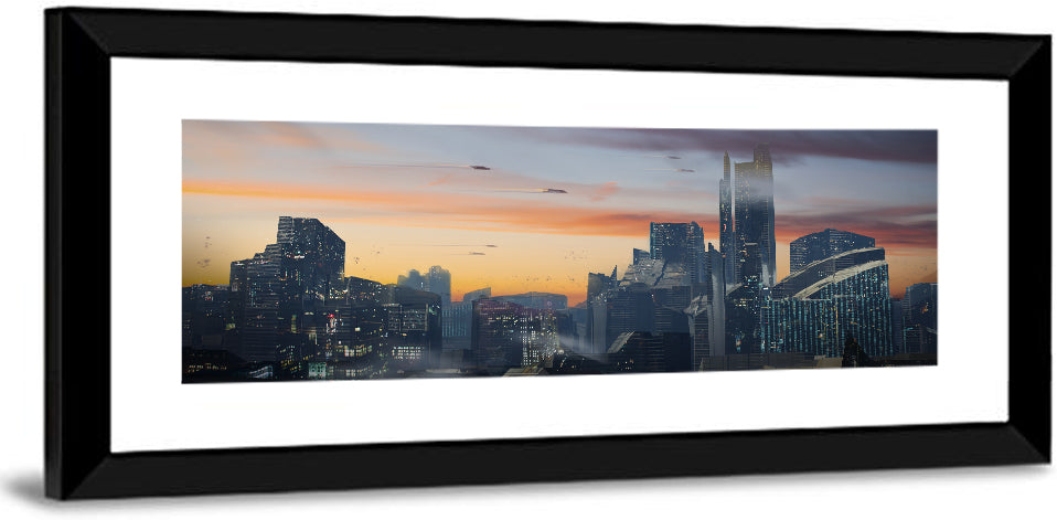 Futuristic City Skyline at Dusk Wall Art