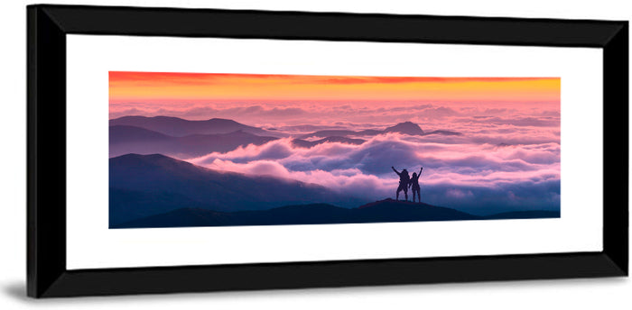 Sunset Summit Hikers Wall Art as a framed print