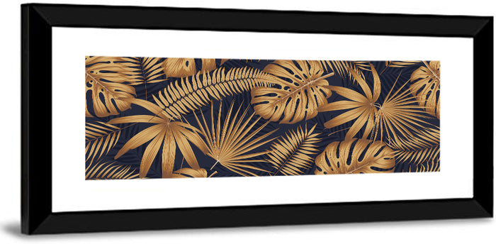Golden Tropical Leaves Wall Art as a framed print