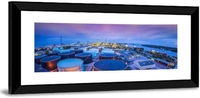 Twilight Oil Refinery River View Wall Art as a framed print