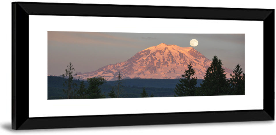 Mount Rainier Alpenglow with Full Moon Wall Art