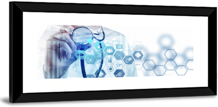 Stethoscope Checkup with Medical Icons Wall Art as a framed print