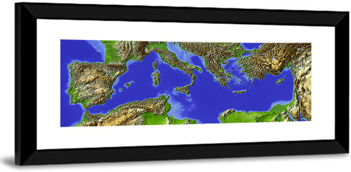 Mediterranean Sea Shaded Relief Map Wall Art as a framed print