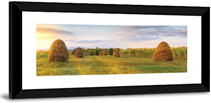 Haystacks at Sunset Fieldscape Wall Art as a framed print