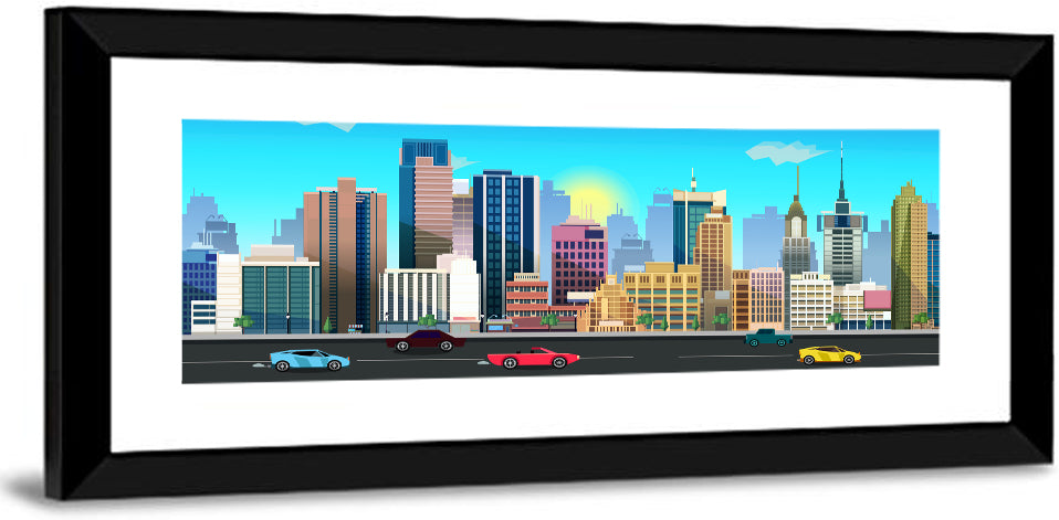 Geometric City Skyline with Sun Flare Wall Art
