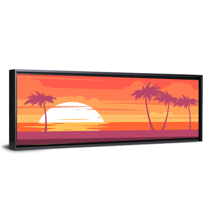 Tropical Sunset with Palm Silhouettes Wall Art as a framed canvas