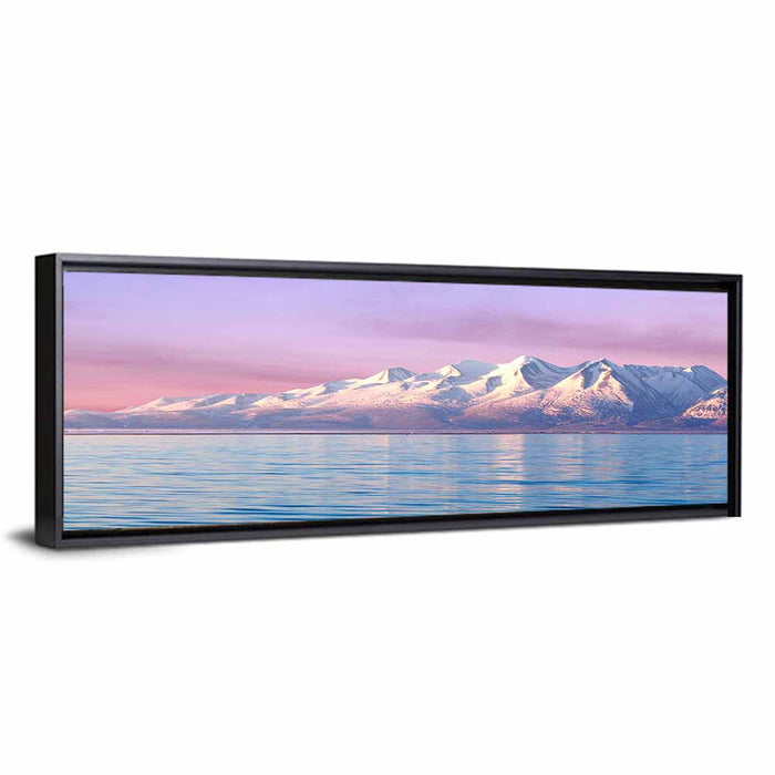 Manasarovar Lake Sunrise Wall Art as a framed canvas