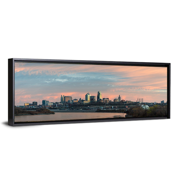 Kansas City Sunset Skyline Wall Art as a framed canvas