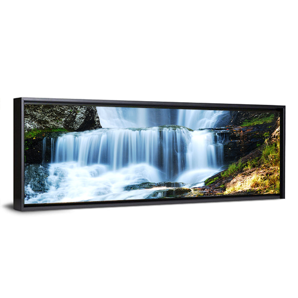 White Waterfall Over Mossy Rocks Wall Art