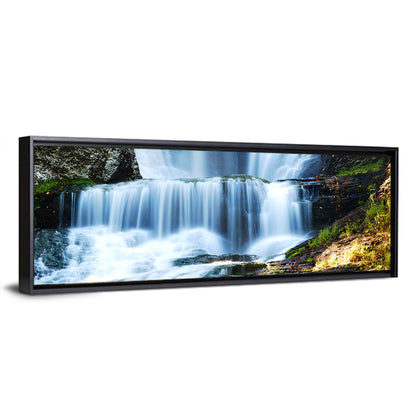 White Waterfall Over Mossy Rocks Wall Art