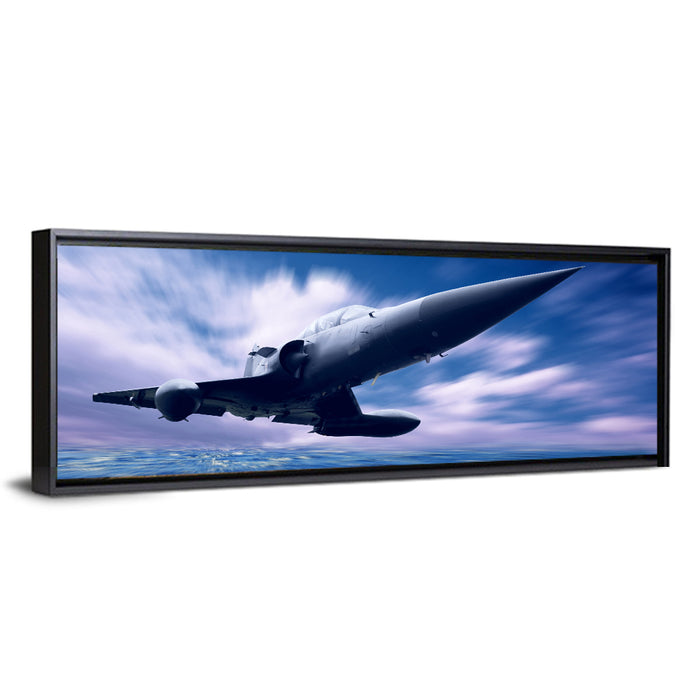 Fighter Jet Ascending Over Clouds Wall Art as a framed canvas