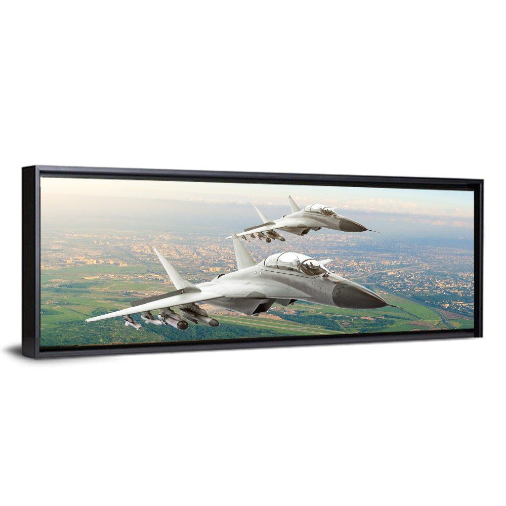 Twin Fighter Jets Over Cityscape Wall Art