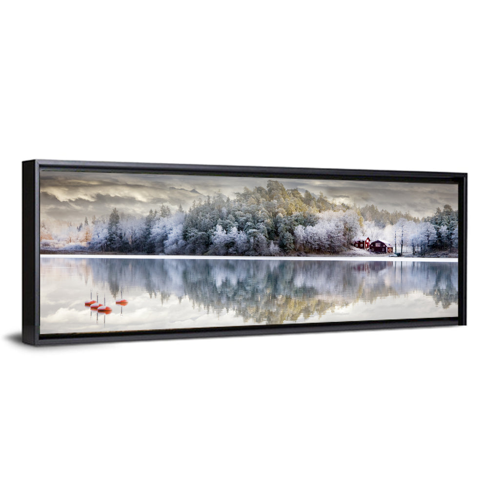 Red Cottage by a Frozen Lake Wall Art